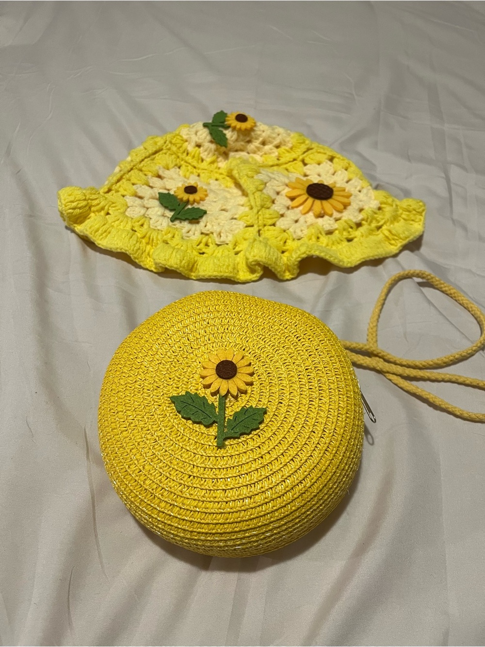 Yellow Sunflower Crochet Bucket Hat and Round Crossbody Bag Set